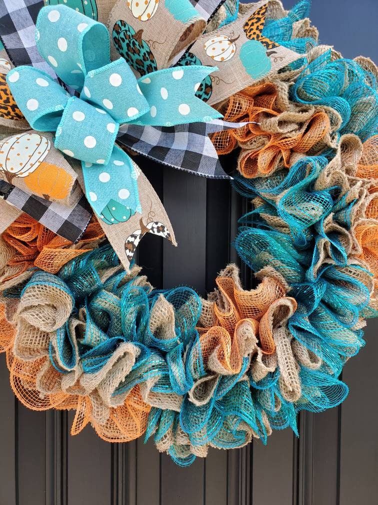 Teal Fall pumpkin wreath for front door, Cheetah print wreath, teal pumpkin wreath, buffalo check wreath, Fall decor, orange and teal