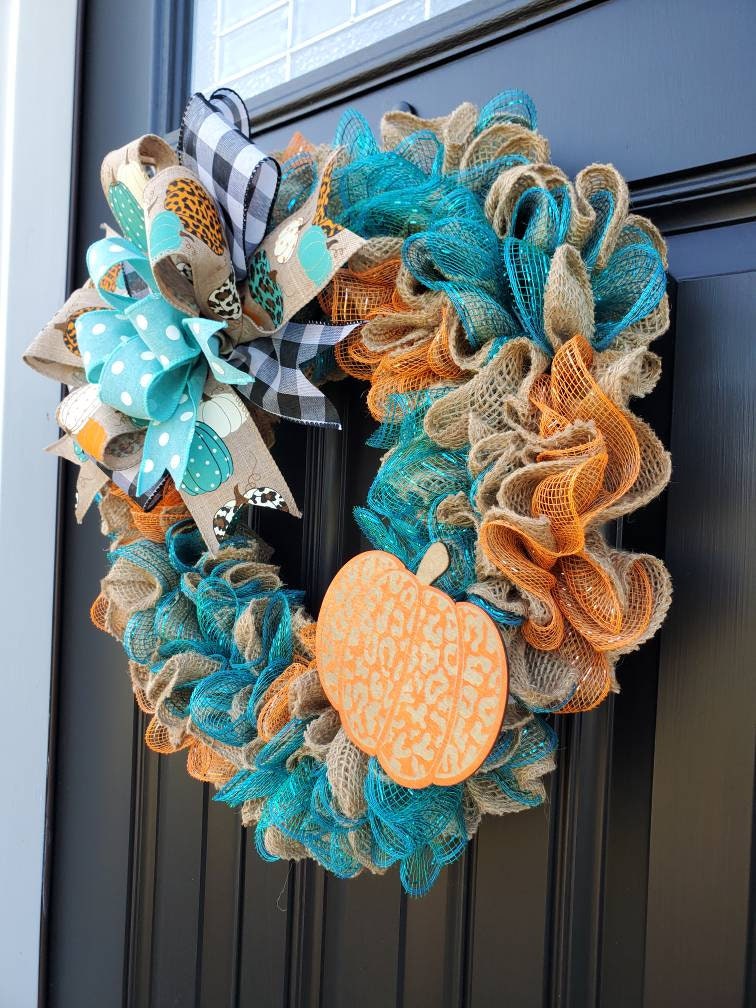 Rustic Fall wreaths for front door, Cheetah print wreath, teal pumpkin wreath, buffalo check wreath, Fall decor, orange and teal