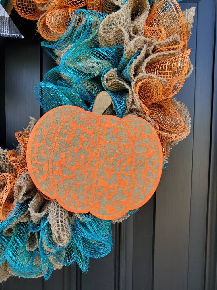 Rustic Fall wreaths for front door, Cheetah print wreath, teal pumpkin wreath, buffalo check wreath, Fall decor, orange and teal