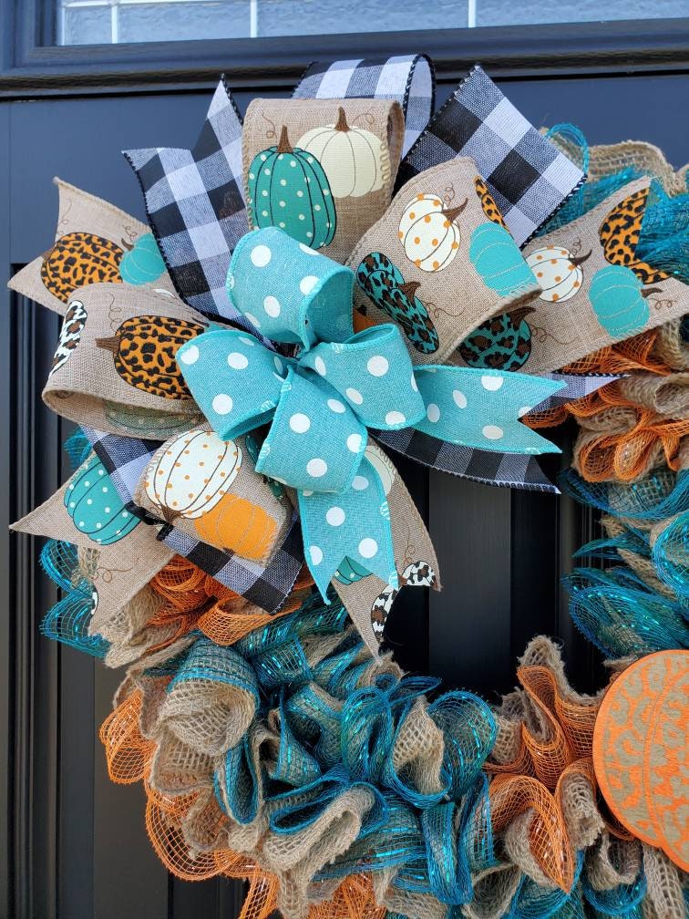 Rustic Fall wreaths for front door, Cheetah print wreath, teal pumpkin wreath, buffalo check wreath, Fall decor, orange and teal