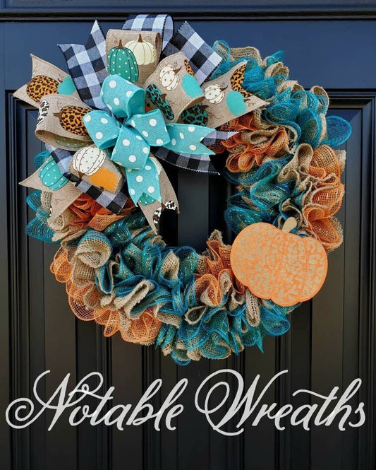 Rustic Fall wreaths for front door, Cheetah print wreath, teal pumpkin wreath, buffalo check wreath, Fall decor, orange and teal