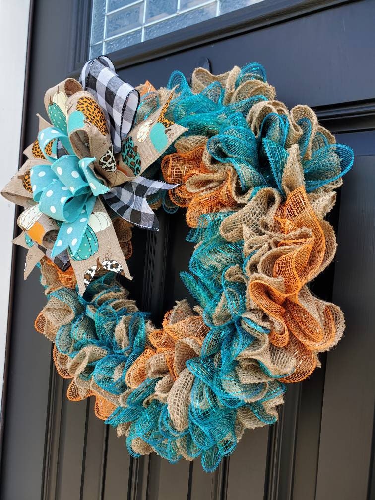 Teal Fall pumpkin wreath for front door, Cheetah print wreath, teal pumpkin wreath, buffalo check wreath, Fall decor, orange and teal