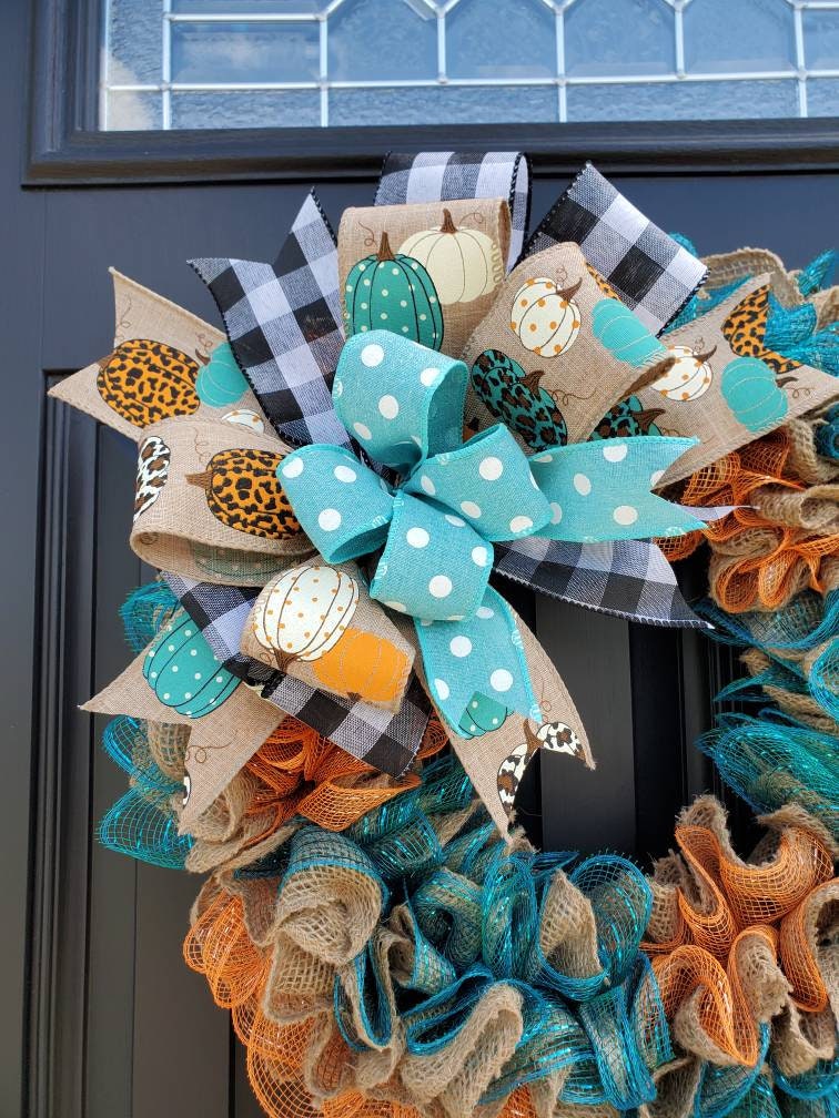 Teal Fall pumpkin wreath for front door, Cheetah print wreath, teal pumpkin wreath, buffalo check wreath, Fall decor, orange and teal