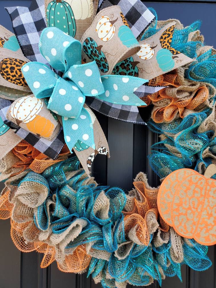 Rustic Fall wreaths for front door, Cheetah print wreath, teal pumpkin wreath, buffalo check wreath, Fall decor, orange and teal