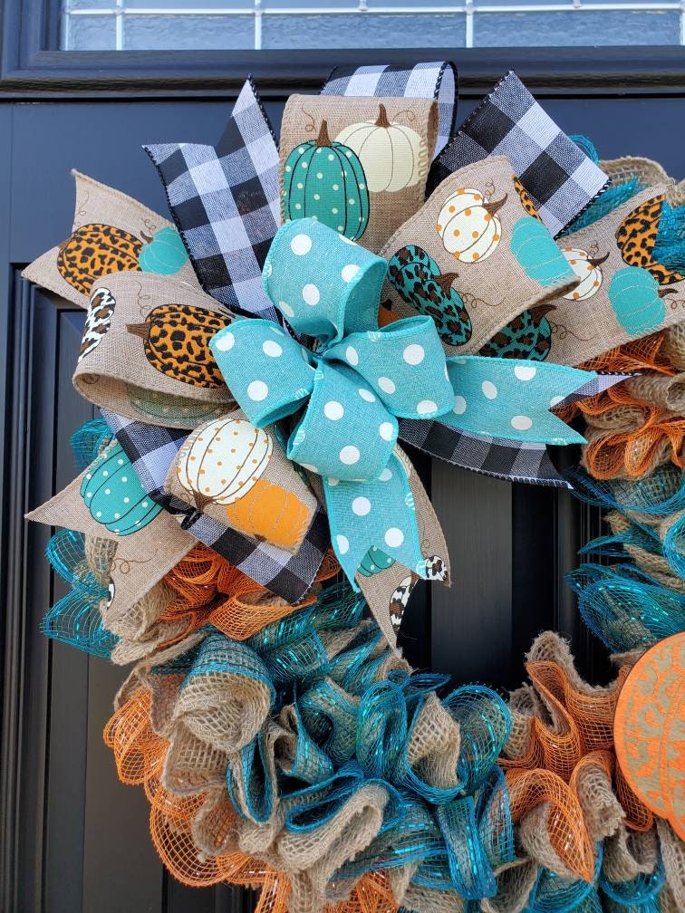 Wreath for front door/Fall Wreath/Fall Pumpkin Wreath/Teal Pumpkin Wreath/Fall sold Decor/porch decor/Door Wreaths/Gift