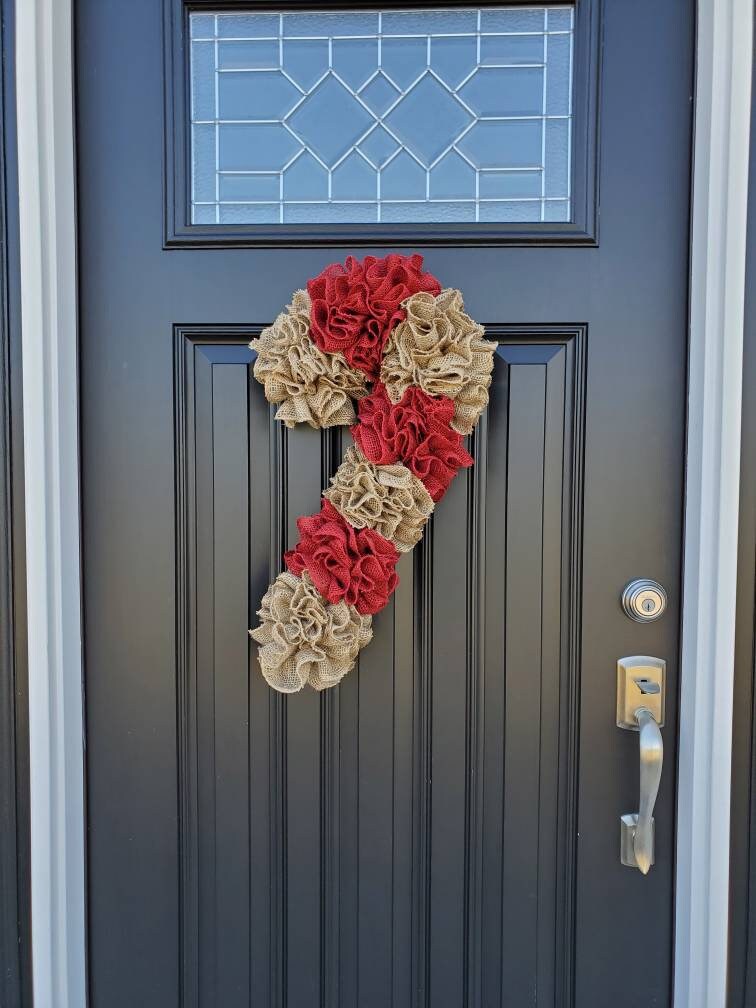 Candy Cane burlap wreath, Christmas wreath, rustic Christmas wreath