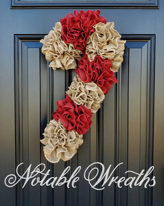 Candy Cane burlap wreath, Christmas wreath, rustic Christmas wreath