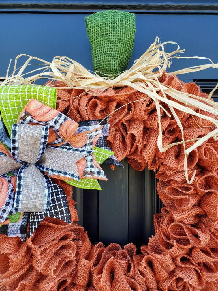 Fall pumpkin wreath for front door, autumn wreath, buffalo check wreath for fall, pumpkin wreath for fall, burnt orange burlap wreath