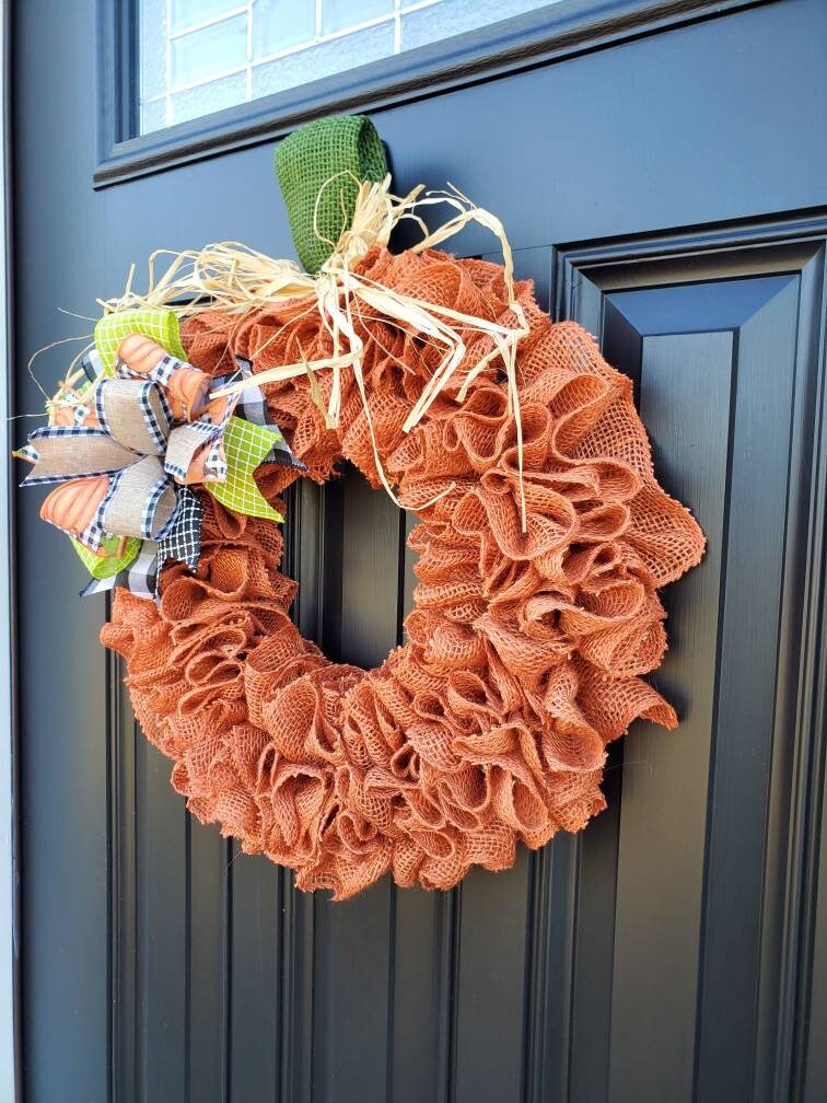 Fall pumpkin wreath for front door, autumn wreath, buffalo check wreath for fall, pumpkin wreath for fall, burnt orange burlap wreath