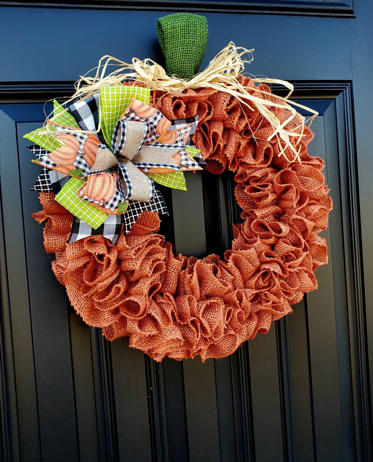 Fall pumpkin wreath for front door, autumn wreath, buffalo check wreath for fall, pumpkin wreath for fall, burnt orange burlap wreath