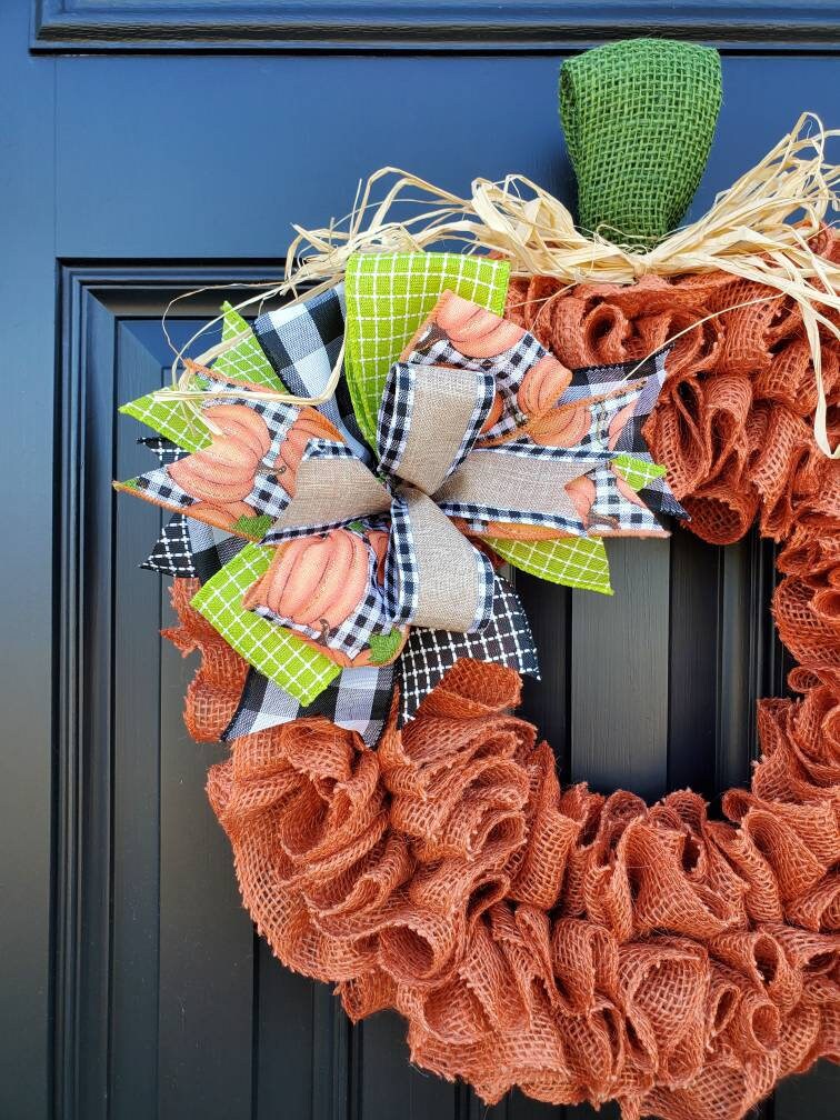 Fall pumpkin wreath for front door, autumn wreath, buffalo check wreath for fall, pumpkin wreath for fall, burnt orange burlap wreath