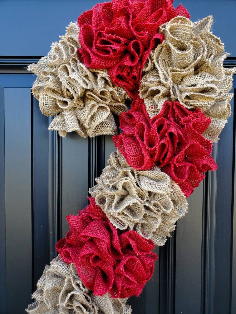 Candy Cane burlap wreath, Christmas wreath, rustic Christmas wreath