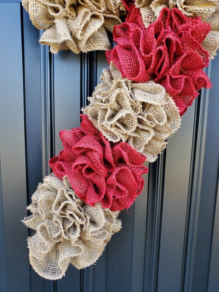 Candy Cane burlap wreath, Christmas wreath, rustic Christmas wreath