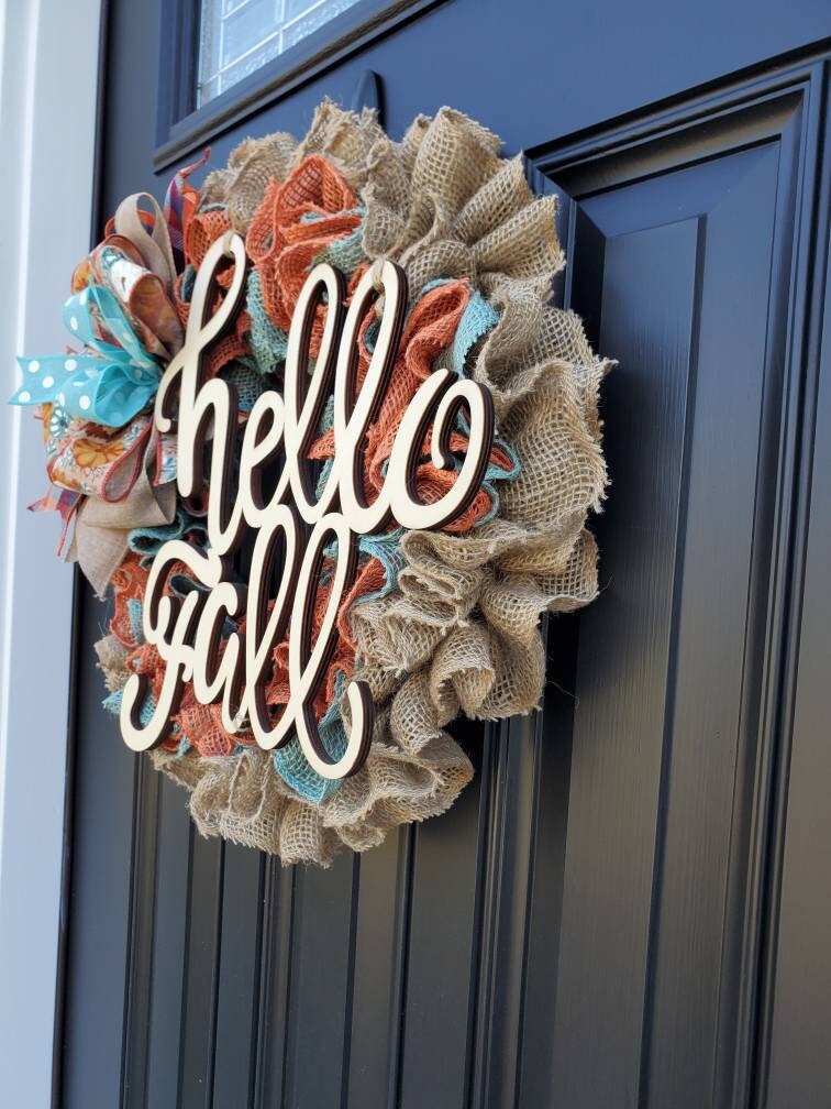 Fall burlap wreath for front door, autumn wreath, orange and teal wreath for fall, pumpkin wreath for fall, burnt orange