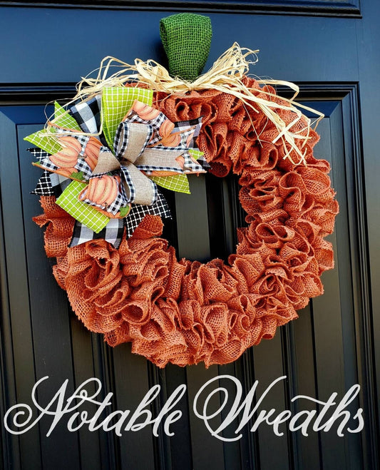 Fall pumpkin wreath for front door, autumn wreath, buffalo check wreath for fall, pumpkin wreath for fall, burnt orange burlap wreath