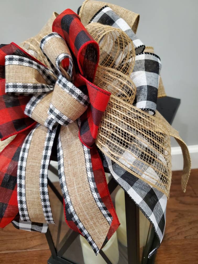 Rustic buffalo check tree topper bow, Christmas tree topper bow, Tree toppers, Christmas tree decor, Lantern bow for Christmas