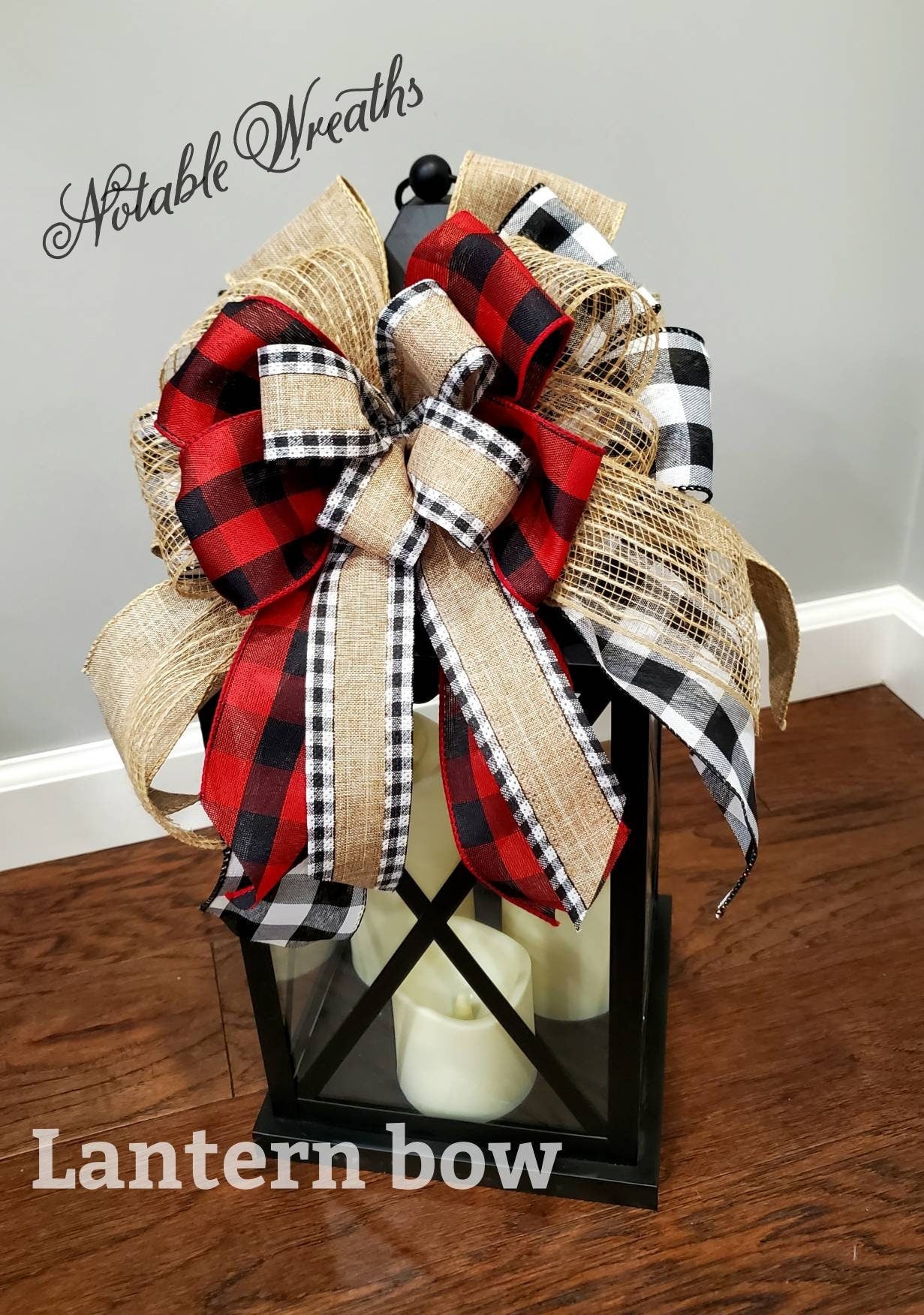 Rustic buffalo check tree topper bow, Christmas tree topper bow, Tree toppers, Christmas tree decor, Lantern bow for Christmas