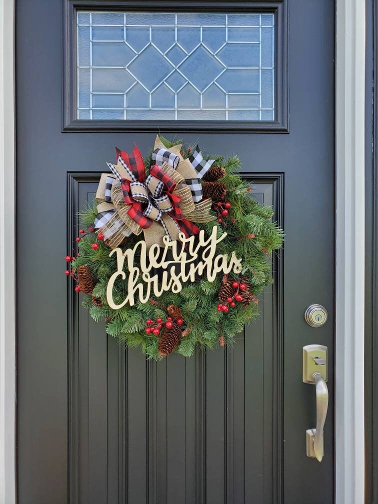 Rustic berry wreath for Christmas, faux evergreen wreath, buffalo check wreath, Merry Christmas wreath