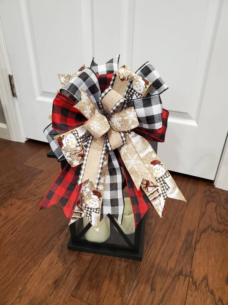 Snowman lantern bow for winter, Christmas wreath bow, buffalo check bow, Rustic winter bow