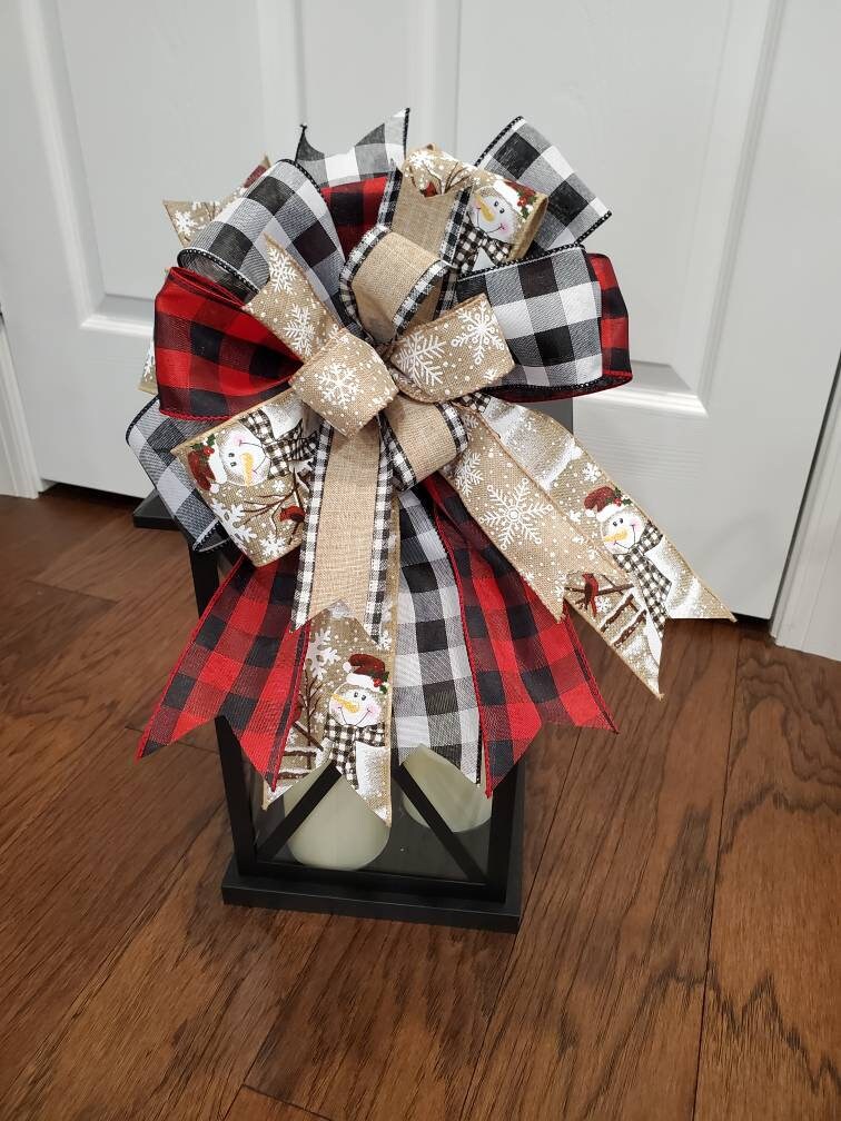 Snowman lantern bow for winter, Christmas wreath bow, buffalo check bow, Rustic winter bow