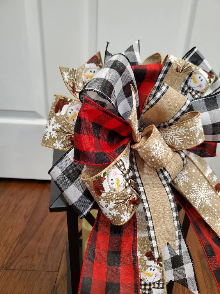 Snowman lantern bow for winter, Christmas wreath bow, buffalo check bow, Rustic winter bow