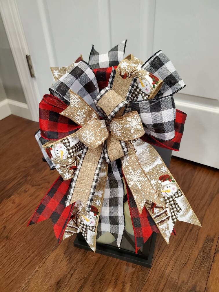 Snowman lantern bow for winter, Christmas wreath bow, buffalo check bow, Rustic winter bow