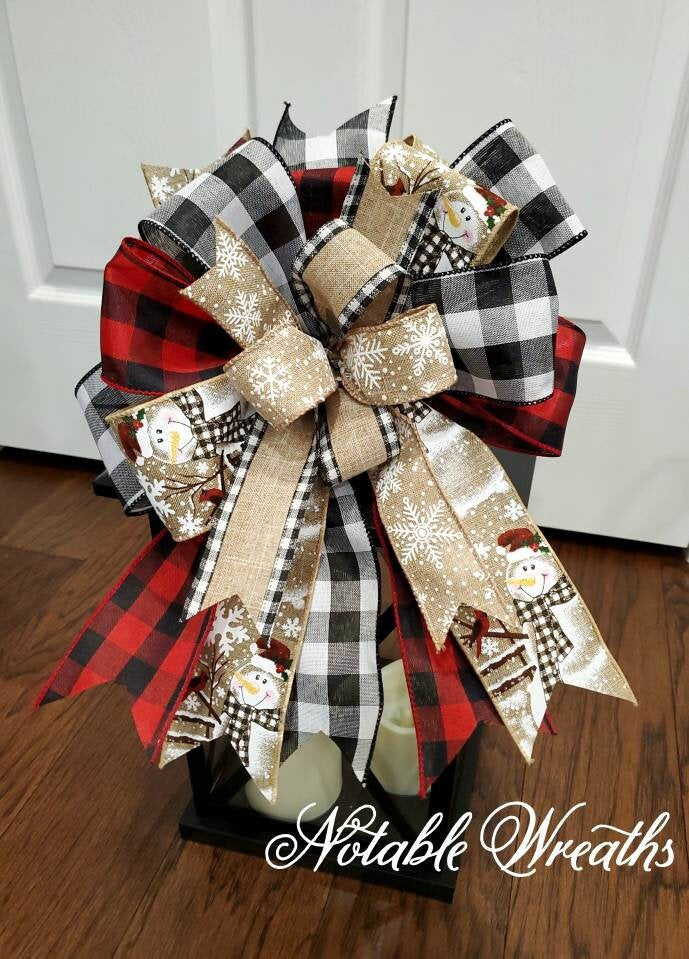 Snowman lantern bow for winter, Christmas wreath bow, buffalo check bow, Rustic winter bow