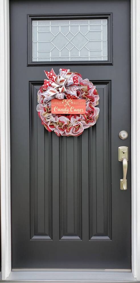 Christmas burlap wreath for front door, Candy Cane winter wreath, red Christmas wreath, peppermint wreath for Christmas