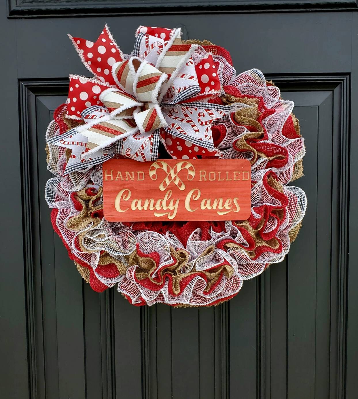 Christmas burlap wreath for front door, Candy Cane winter wreath, red Christmas wreath, peppermint wreath for Christmas