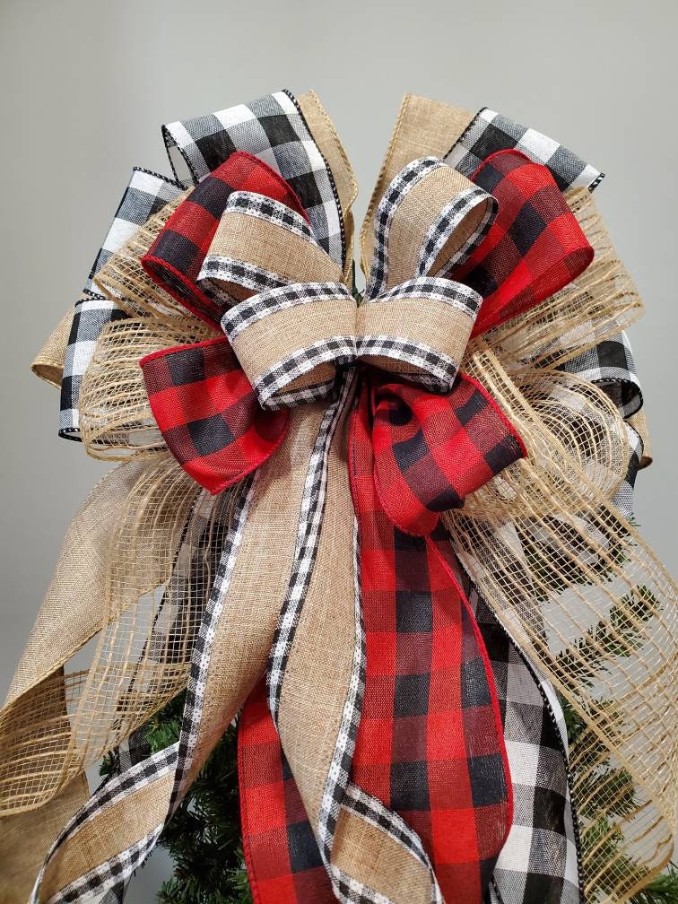 Rustic buffalo check tree topper bow, Christmas tree topper bow, Tree toppers, Christmas tree decor, Lantern bow for Christmas