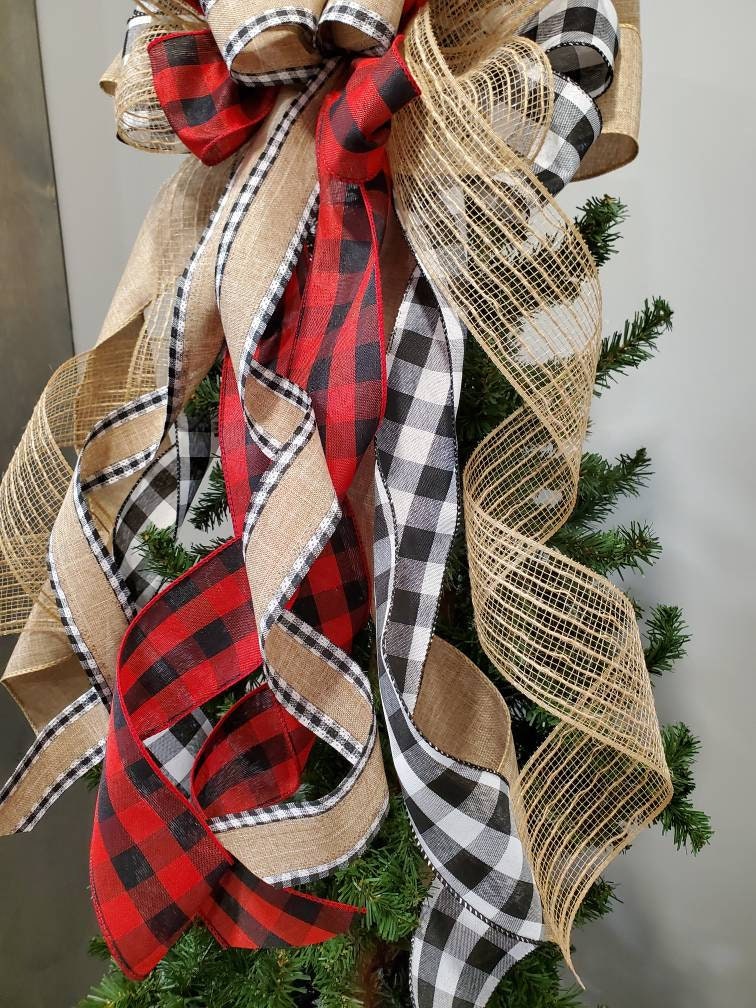 Rustic buffalo check tree topper bow, Christmas tree topper bow, Tree toppers, Christmas tree decor, Lantern bow for Christmas