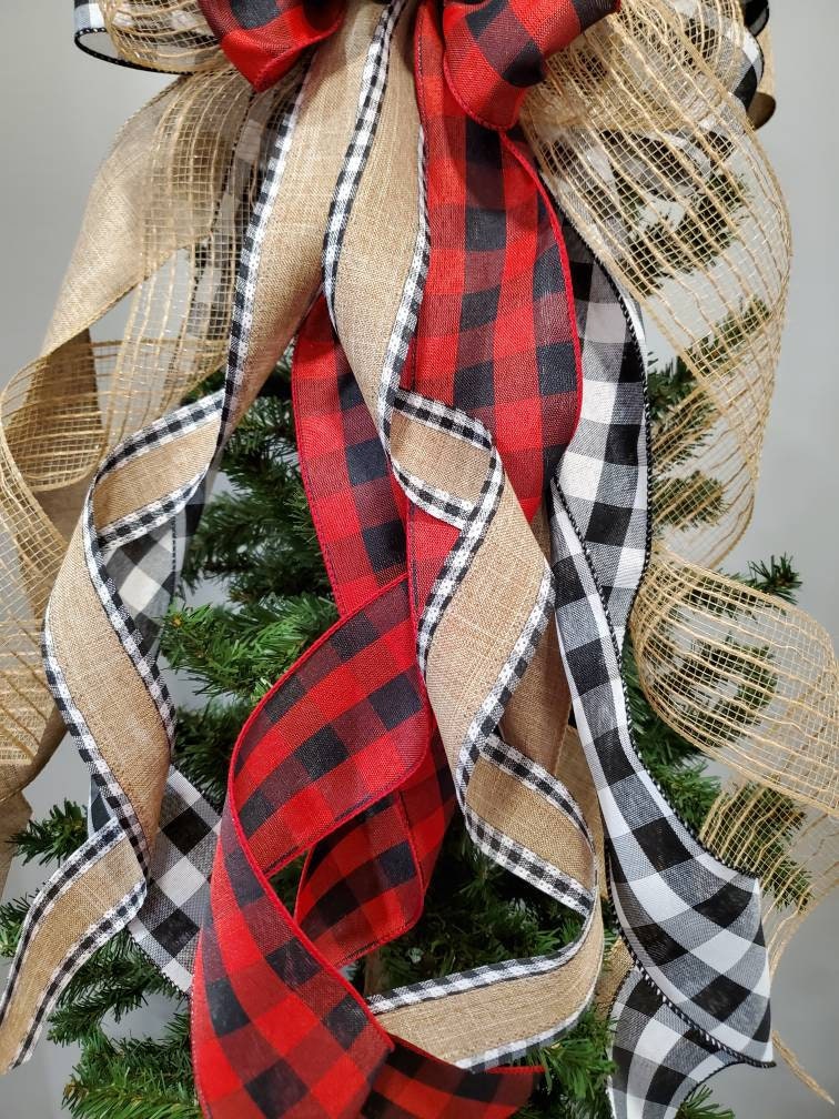 Rustic buffalo check tree topper bow, Christmas tree topper bow, Tree toppers, Christmas tree decor, Lantern bow for Christmas