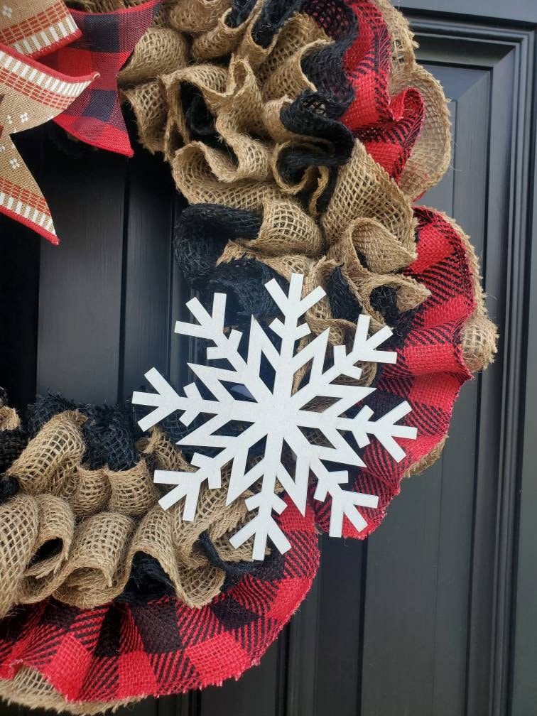 Red rustic buffalo check snowflake Christmas wreath for front door, Winter burlap wreath, rustic Christmas decor