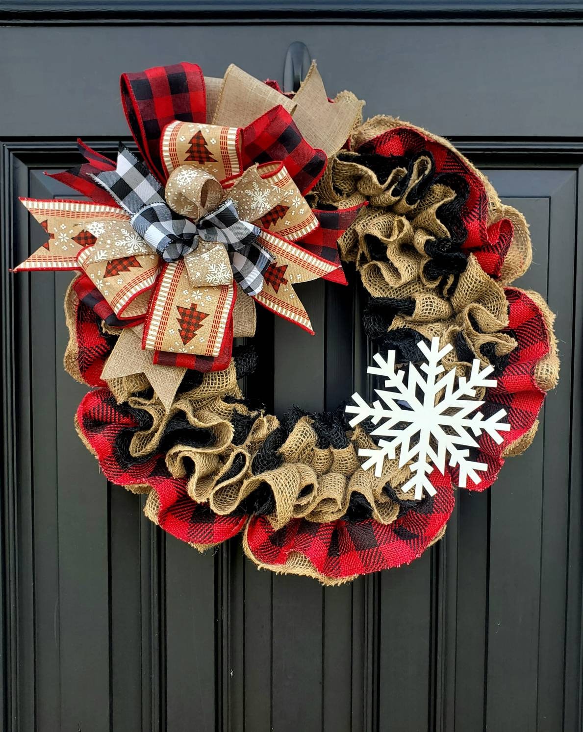 Red rustic buffalo check snowflake Christmas wreath for front door, Winter burlap wreath, rustic Christmas decor