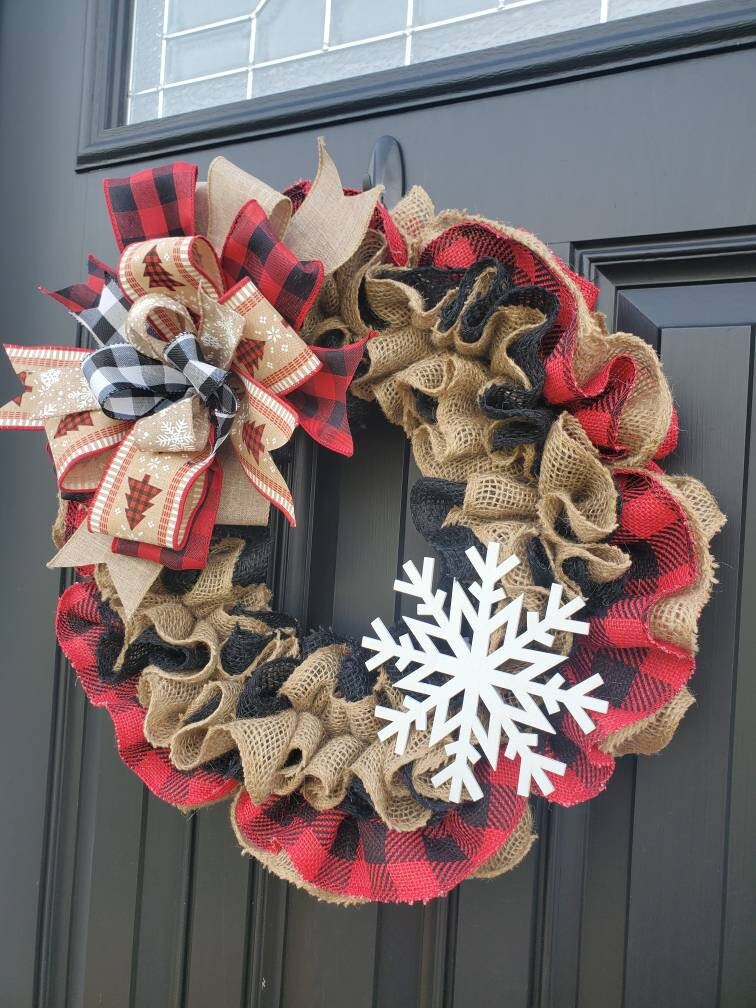 Red rustic buffalo check snowflake Christmas wreath for front door, Winter burlap wreath, rustic Christmas decor