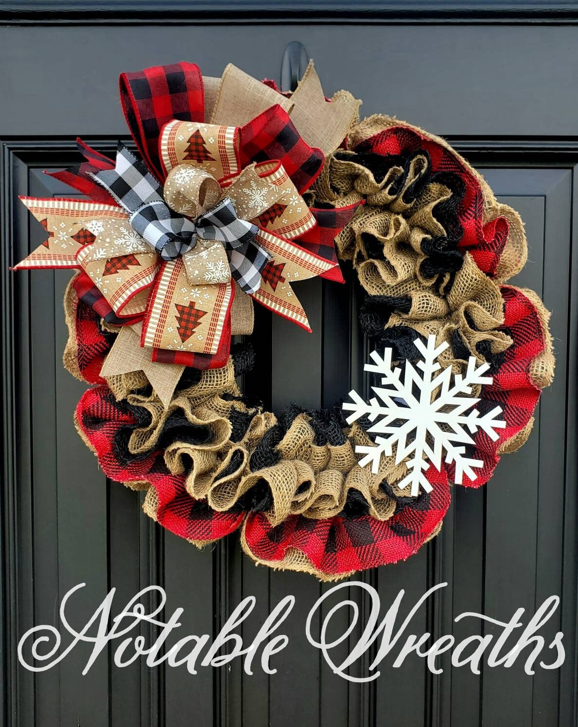 Red rustic buffalo check snowflake Christmas wreath for front door, Winter burlap wreath, rustic Christmas decor