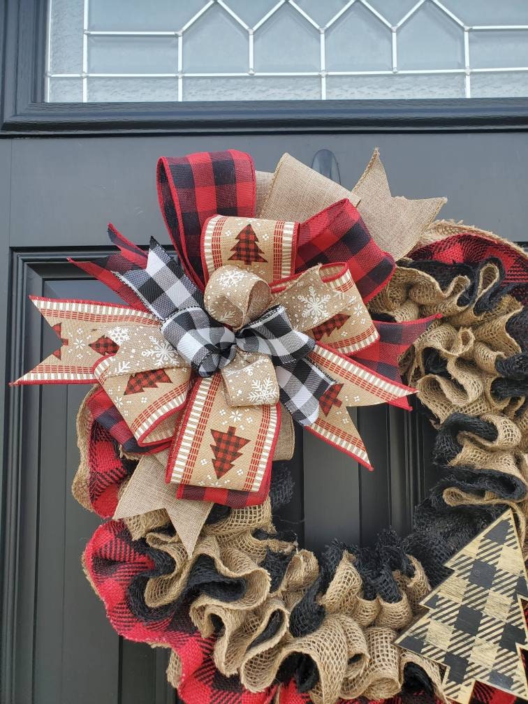 Red rustic buffalo check Christmas wreath for front door, Winter burlap wreath, rustic Christmas decor