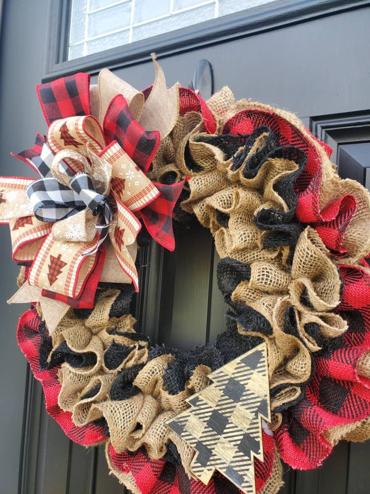 Red rustic buffalo check Christmas wreath for front door, Winter burlap wreath, rustic Christmas decor