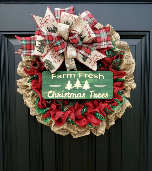 Christmas wreath for front door, Farm Fresh Christmas tree  wreath, Snowflake wreath, red and green Christmas wreath, Christmas