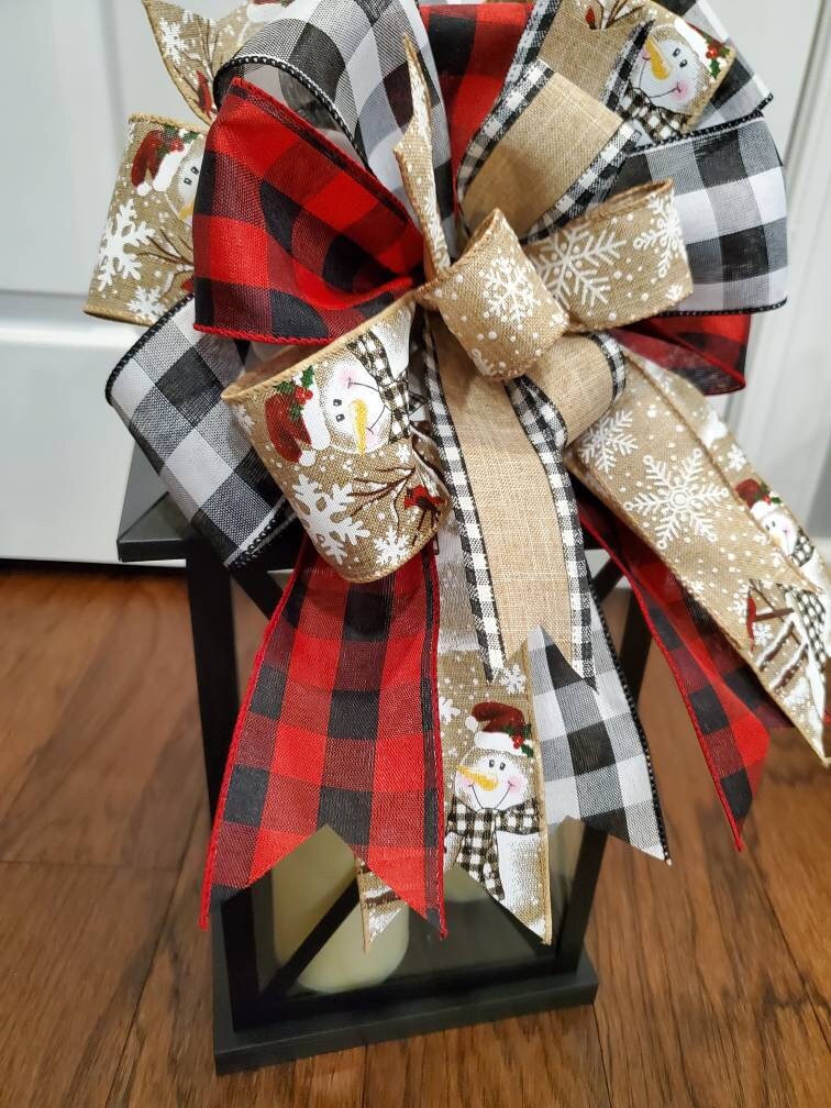 Snowman lantern bow for winter, Christmas wreath bow, buffalo check bow, Rustic winter bow