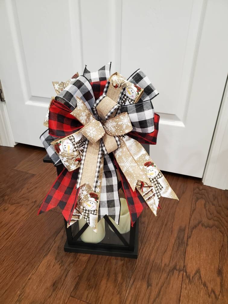 Snowman lantern bow for winter, Christmas wreath bow, buffalo check bow, Rustic winter bow