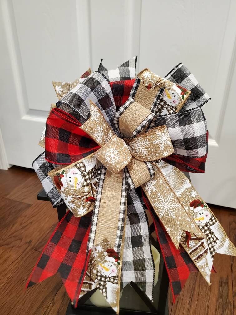 Snowman lantern bow for winter, Christmas wreath bow, buffalo check bow, Rustic winter bow