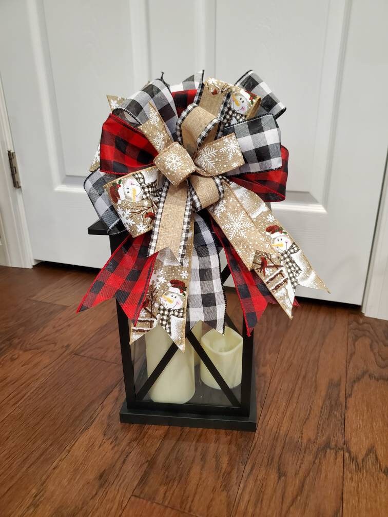 Snowman lantern bow for winter, Christmas wreath bow, buffalo check bow, Rustic winter bow