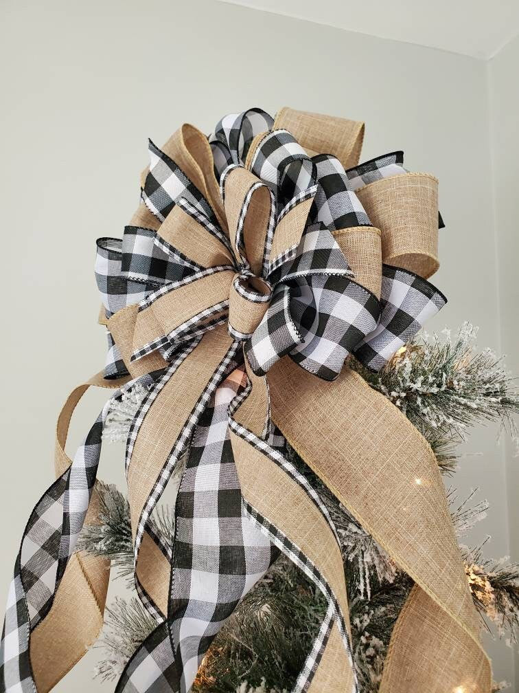 Farmhouse Christmas tree topper bow, buffalo tree topper bow, farmhouse decor, black and white buffalo check tree topper, neutral tree toppe