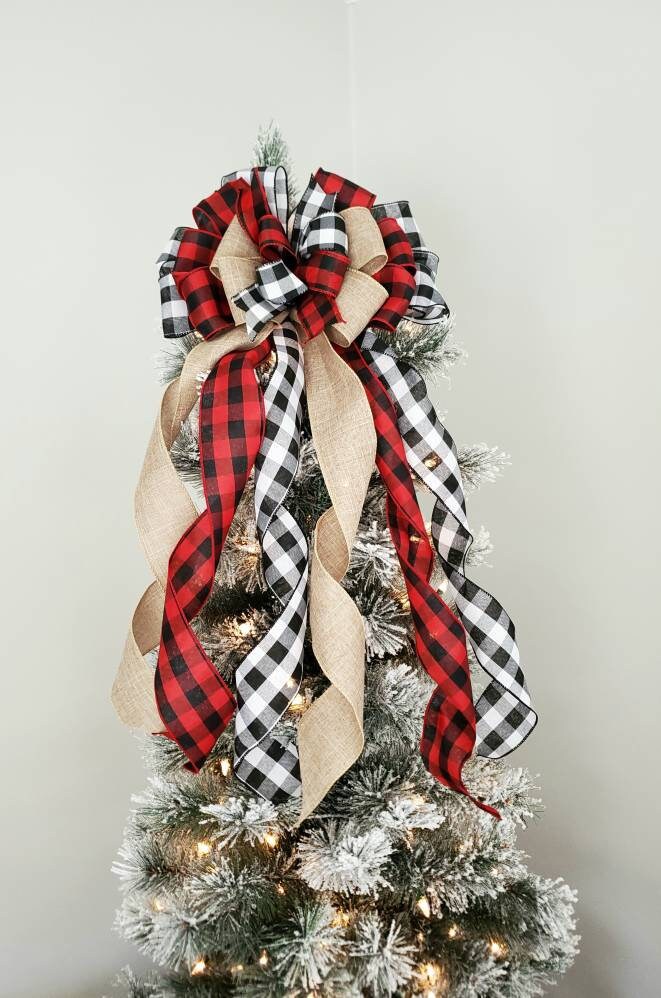 Rustic Christmas tree topper bow, plaid tree topper bow, farmhouse decor, red and black buffalo check tree topper, Christmas tree decor