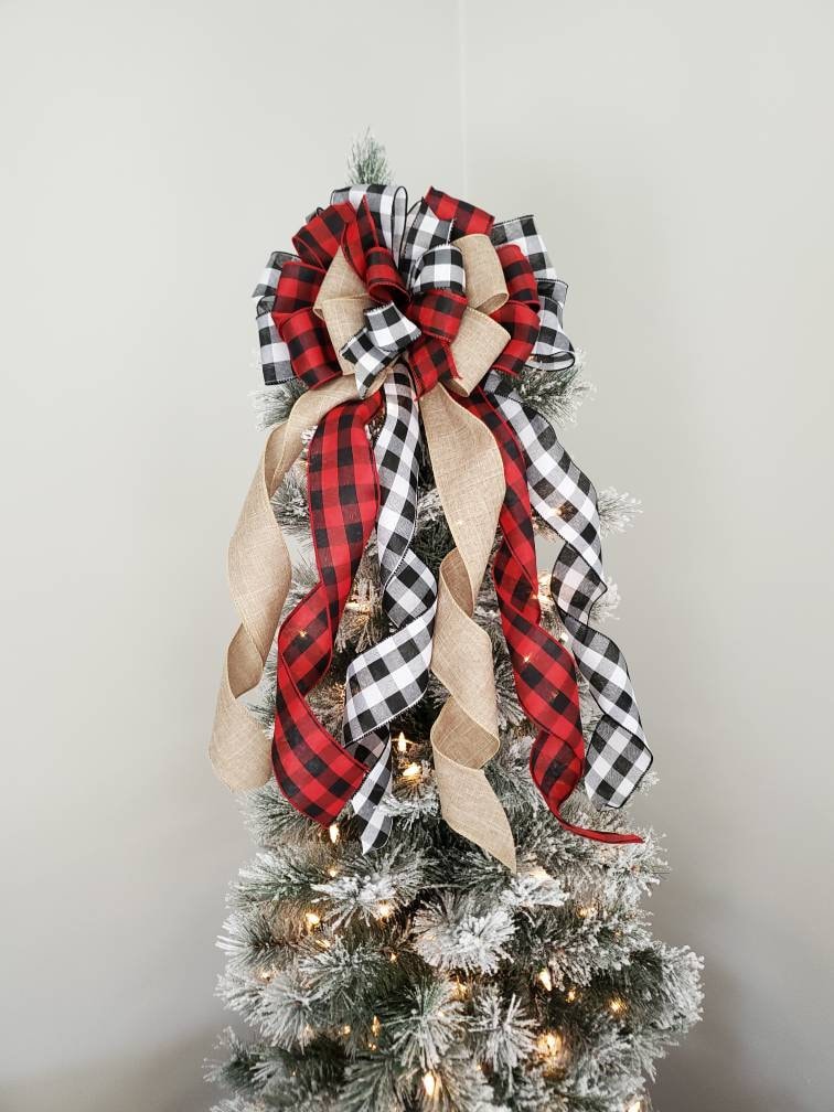 Rustic Christmas tree topper bow, plaid tree topper bow, farmhouse decor, red and black buffalo check tree topper, Christmas tree decor