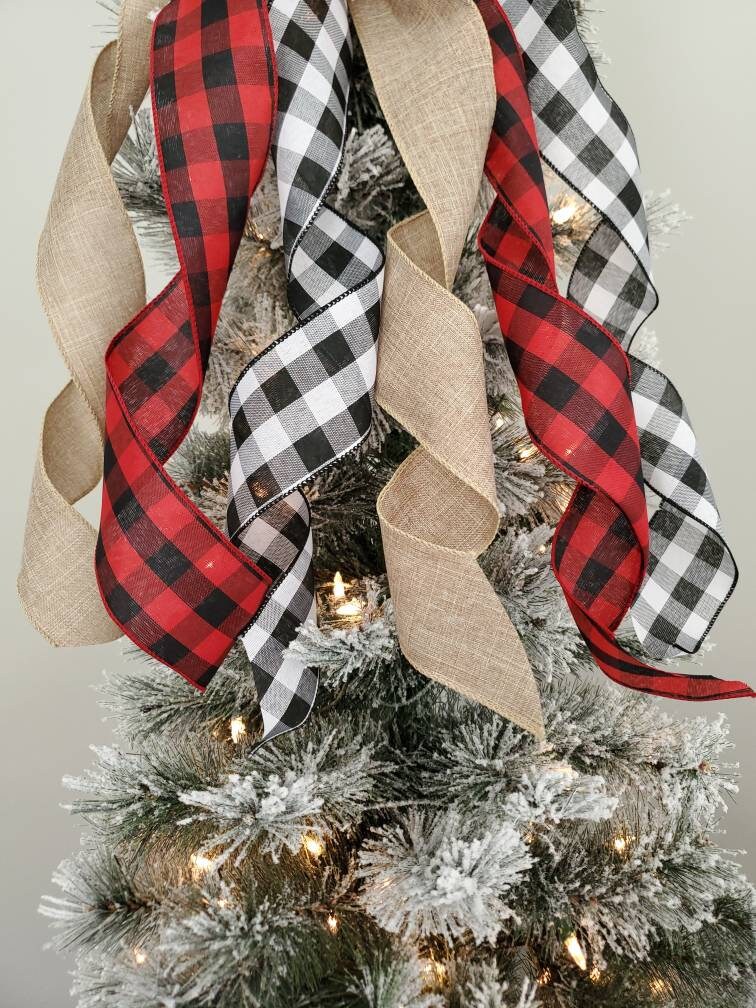 Rustic Christmas tree topper bow, plaid tree topper bow, farmhouse decor, red and black buffalo check tree topper, Christmas tree decor