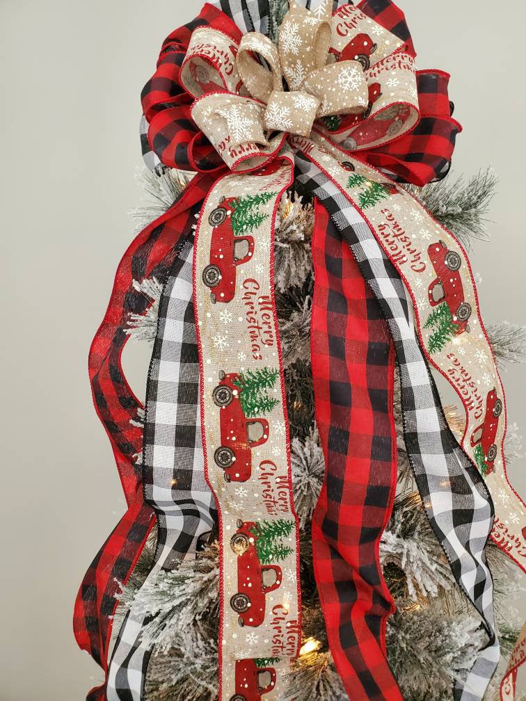 Red truck Christmas tree topper bow, buffalo check tree topper, Christmas tree decorations