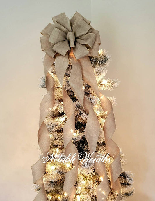 Rustic tree topper bow, natural tree topper bow, farmhouse tree topper, burlap look tree topper, banister bow, natural holiday decor