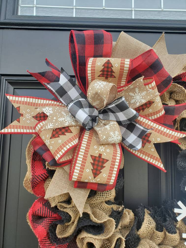 Red rustic buffalo check snowflake Christmas wreath for front door, Winter burlap wreath, rustic Christmas decor